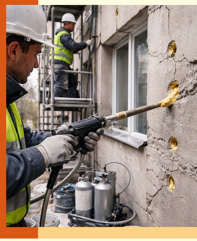 Заполнение пустот в фасаде и утепление стен в Лесозаводске